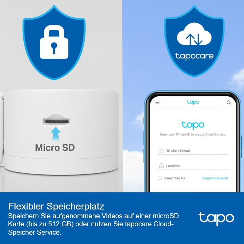 Zwei Bildschirme mit Sicherheits-Symbolen und ein Telefon mit Cloud-Speicher-Infos.
