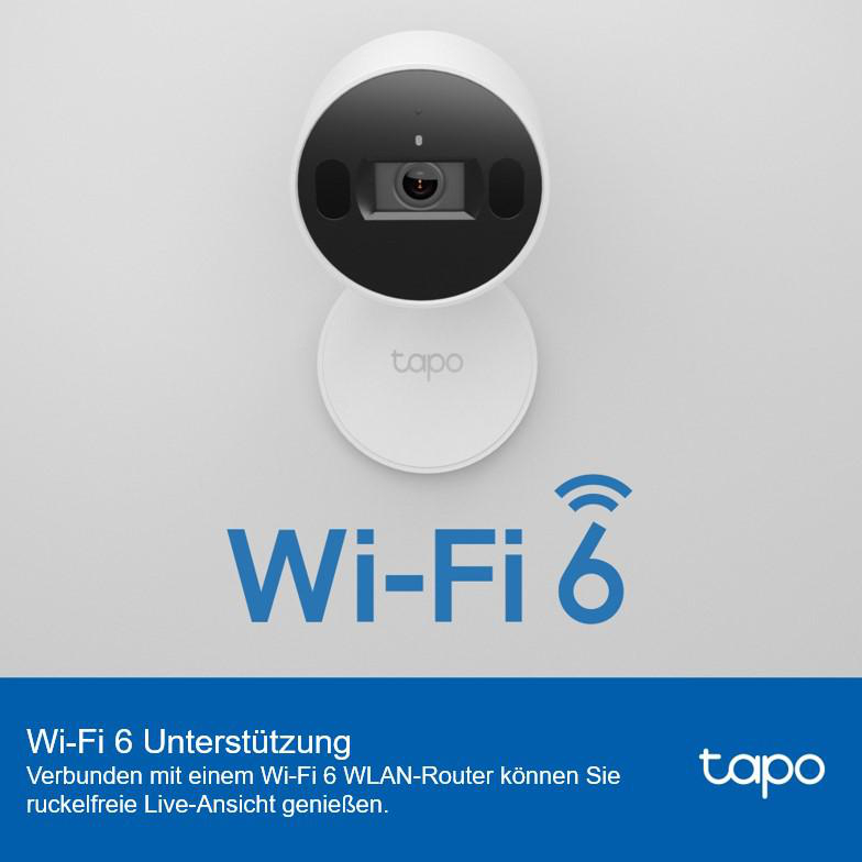 Weiße Überwachungskamera mit Wi-Fi 6 Text.