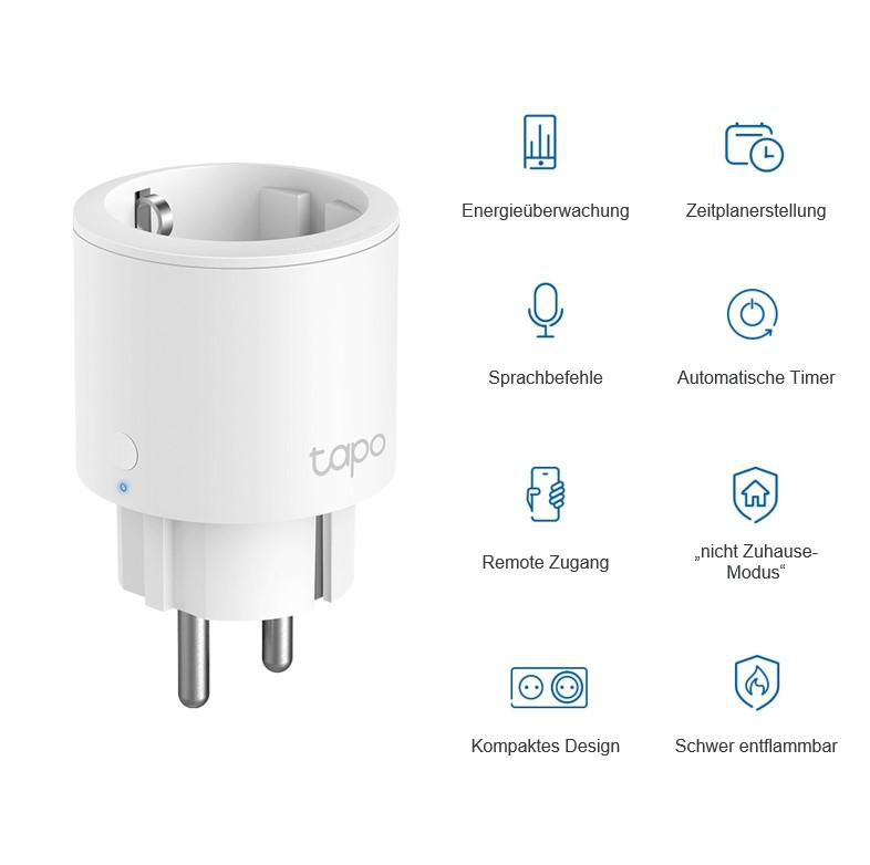 Weißer Smart Plug mit Symbolen für Energieüberwachung, Timer und Fernzugriff.