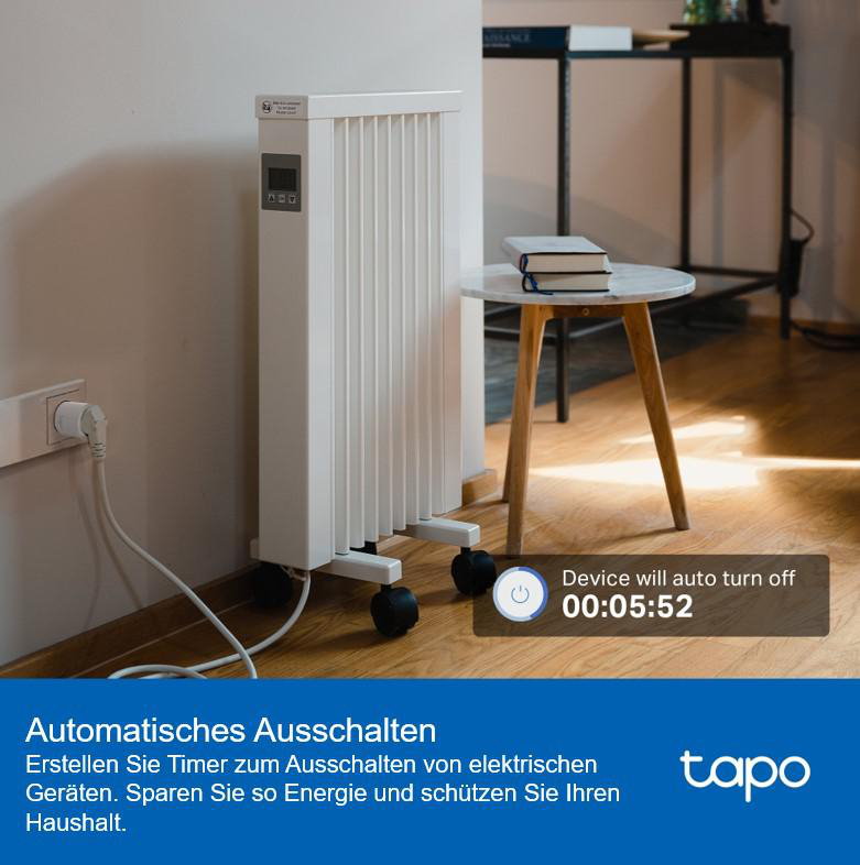 Weißer Elektroheizer auf Rädern, eingesteckt. Kleiner Tisch mit Büchern. Text: Automatische Abschaltung.