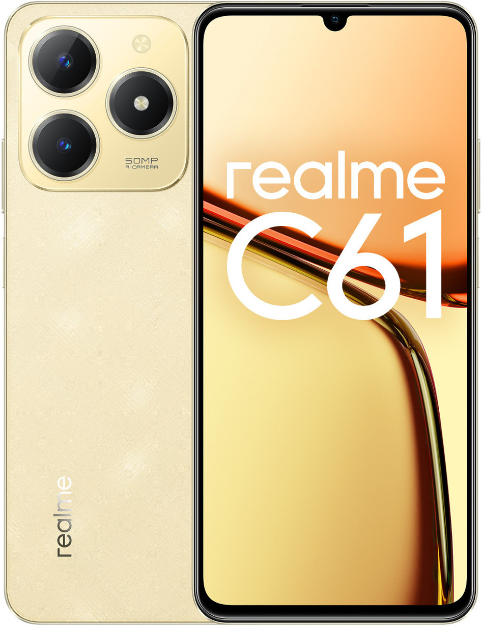 Złoty smartfon z trzema tylnymi aparatami i ekranem z tekstem realme C61.