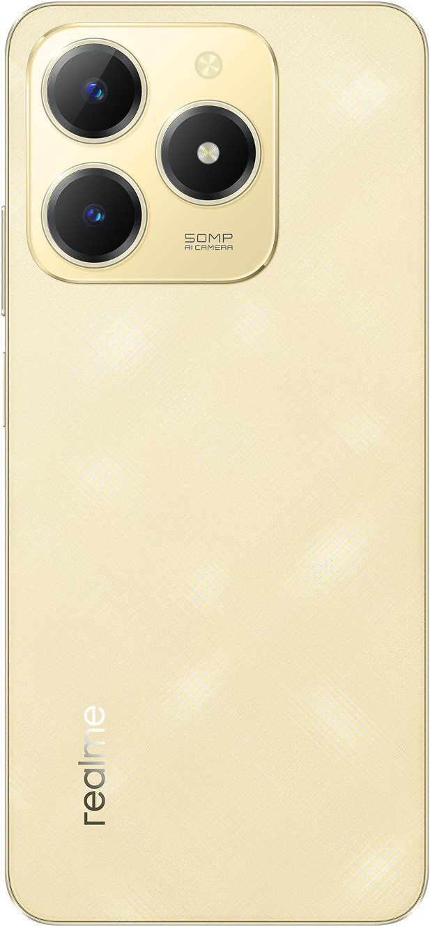 Złoty smartfon. Tył telefonu pokazuje trzy aparaty i logo Realme.