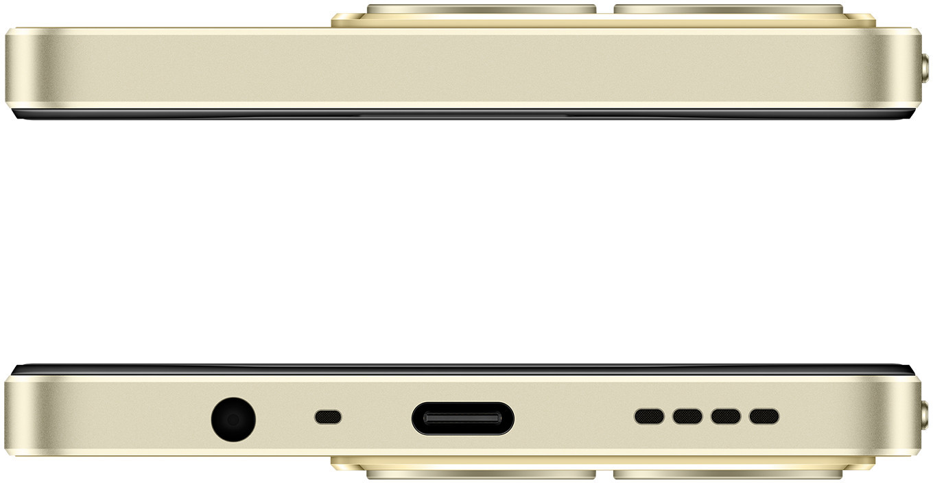 Dwa zdjęcia z boku złotego smartfona, pokazujące górną i dolną krawędź, z portami i przyciskami.