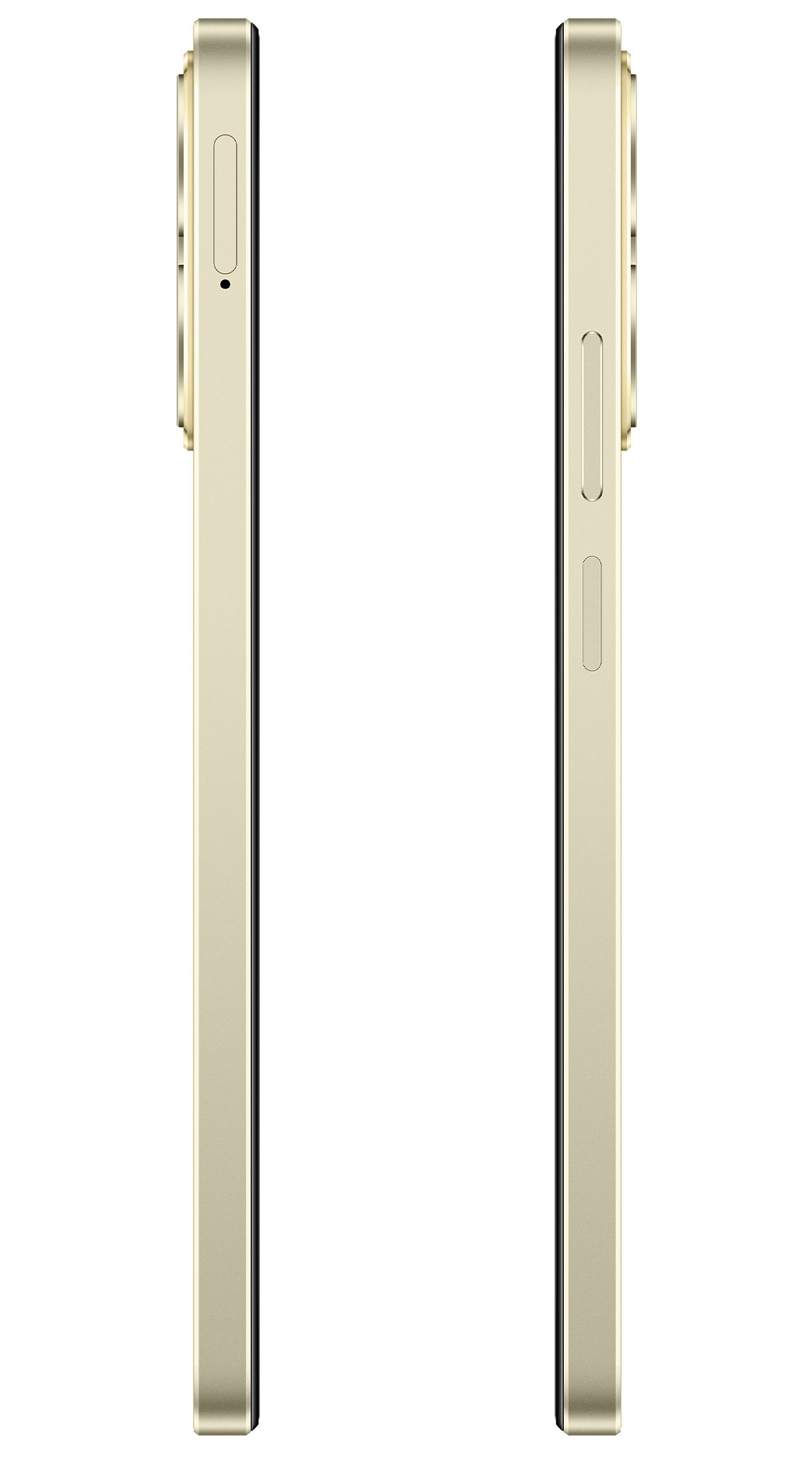 Dwa telefony obok siebie, w kolorze złotym, na białym tle.