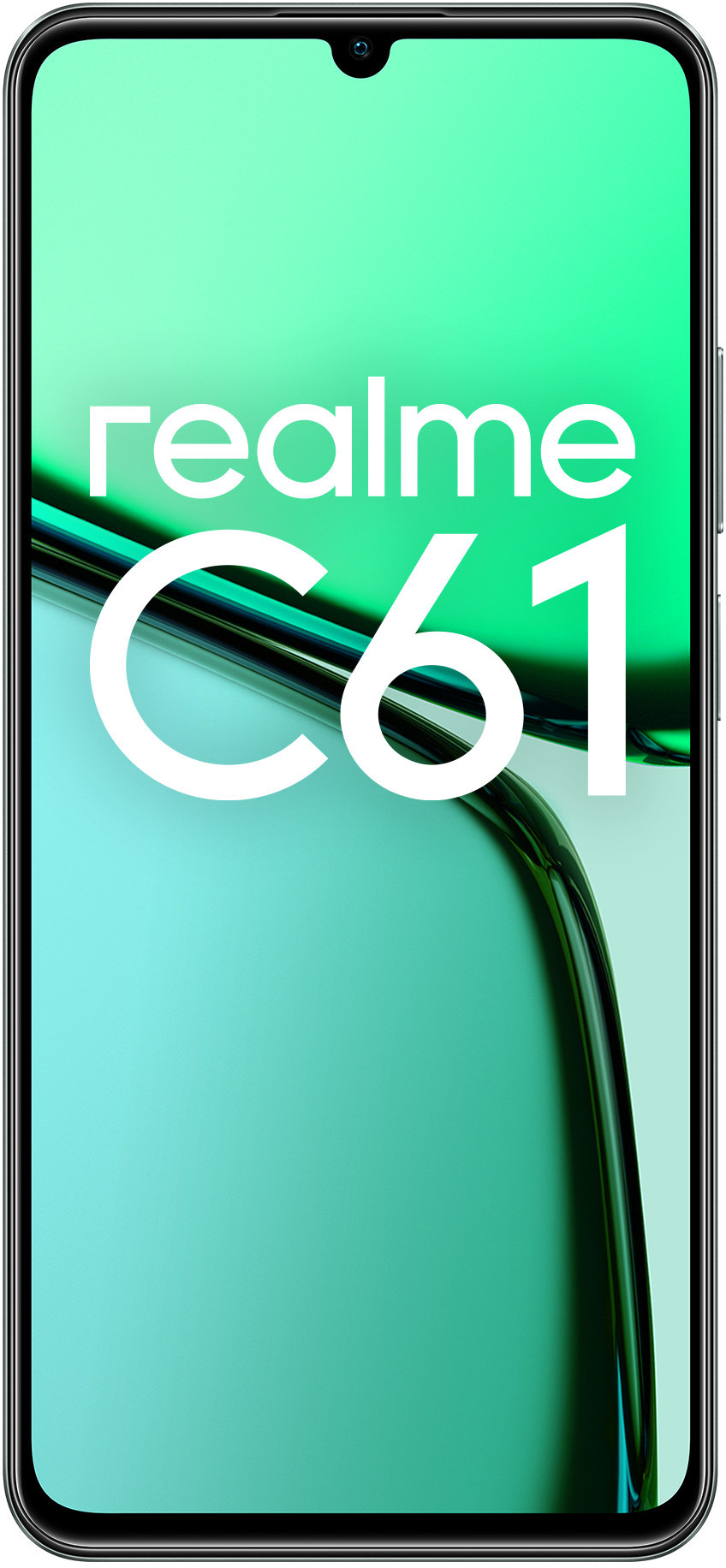 Smartfon Realme C61, czarna ramka, zielone gradientowe tło, biały tekst.