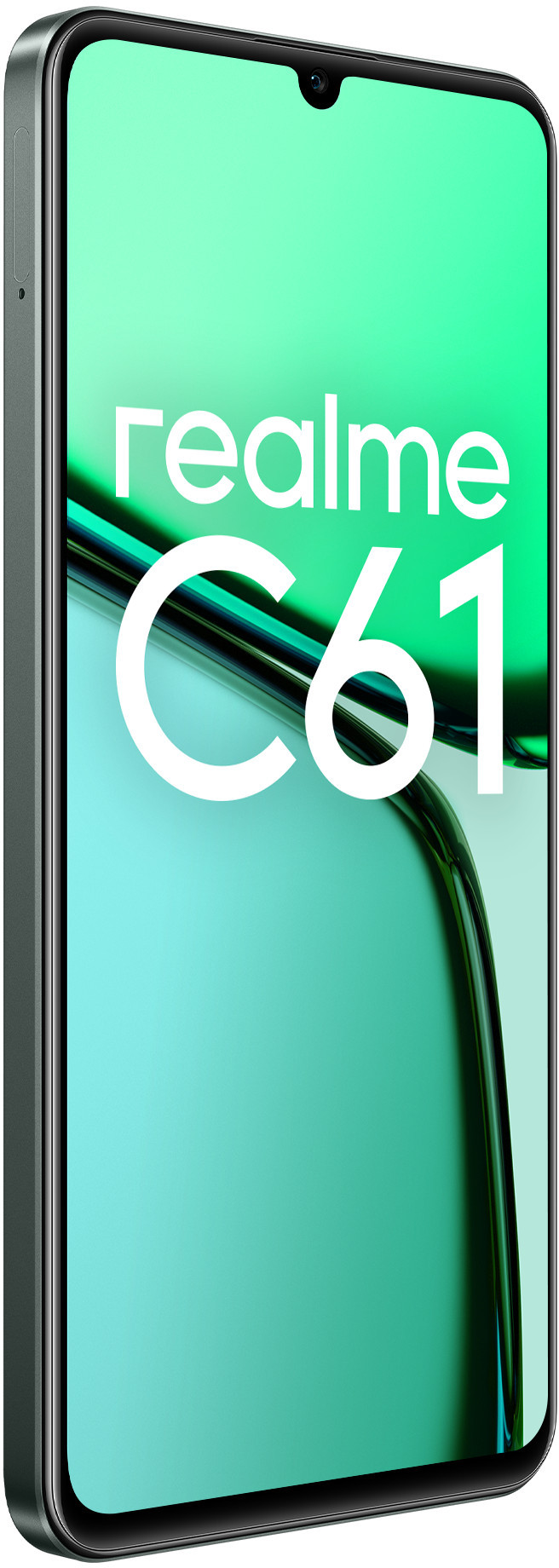 Telefon Realme C61. Zielony gradient ekranu, biały tekst 'realme C61'. Ciemnoszara ramka.