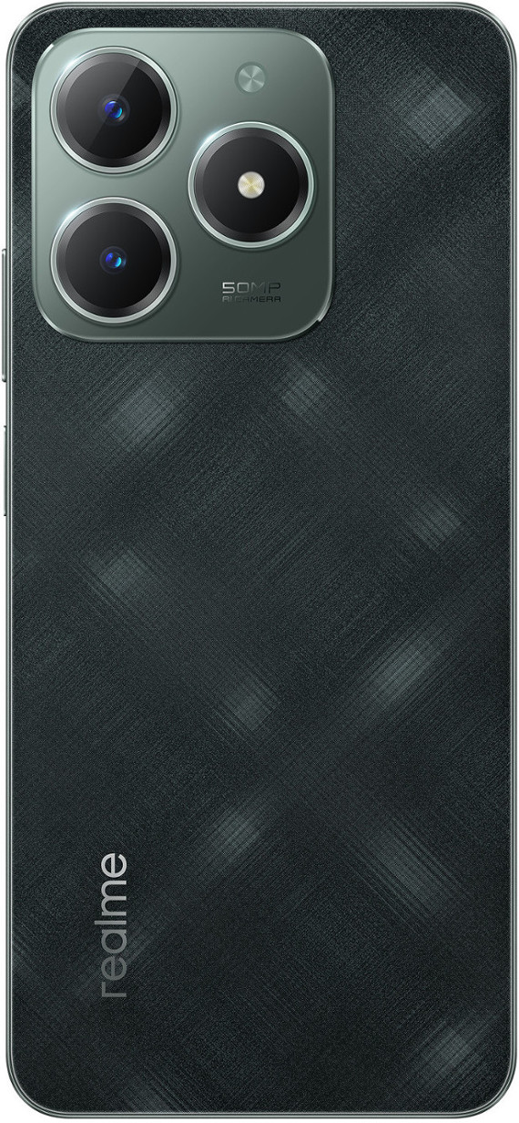 Ciemnozielony telefon ma trzy obiektywy aparatu z tyłu, z logo Realme na dole.