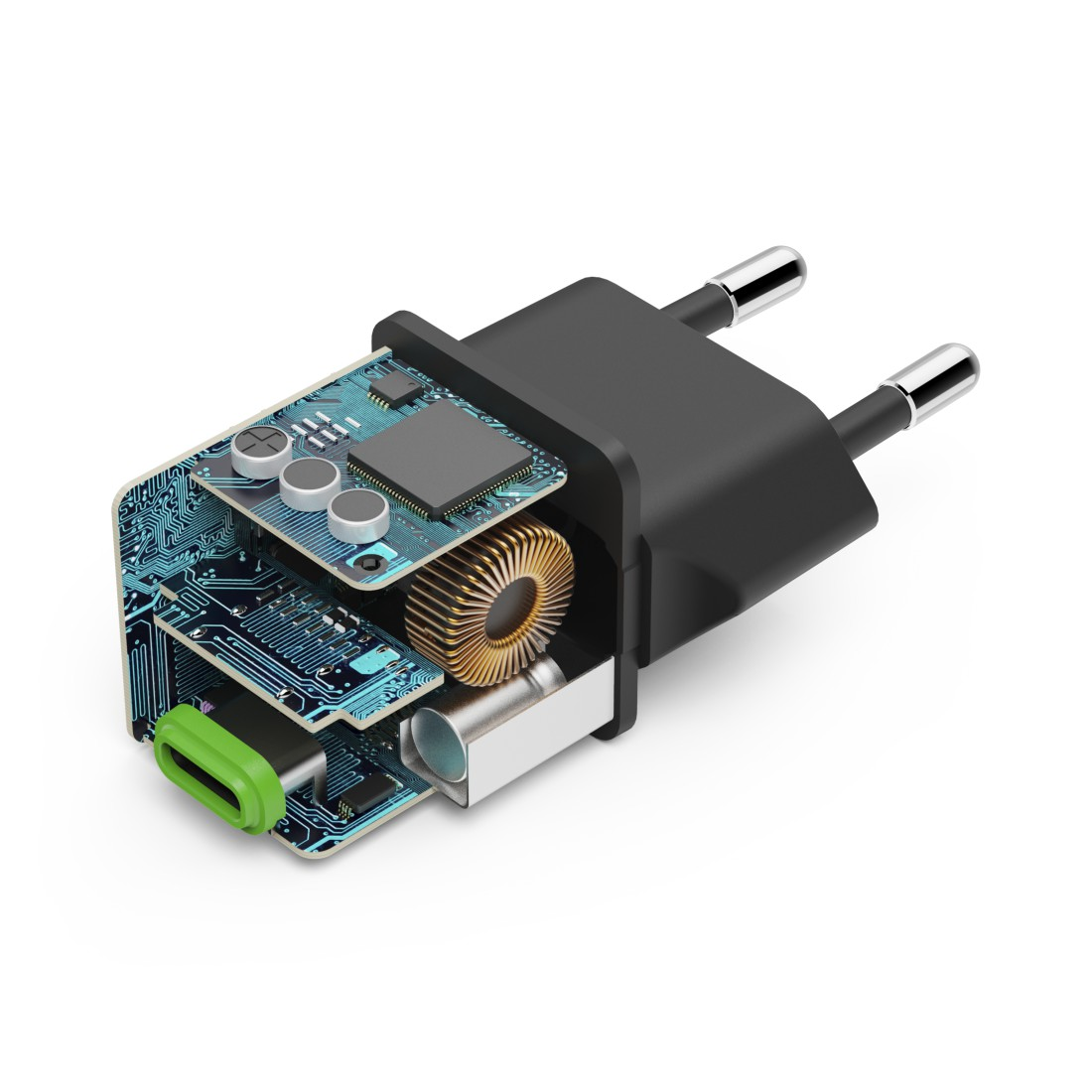 Schnittansicht eines schwarzen Netzadapters. Interne Schaltkreise sind sichtbar. Weißer Hintergrund.