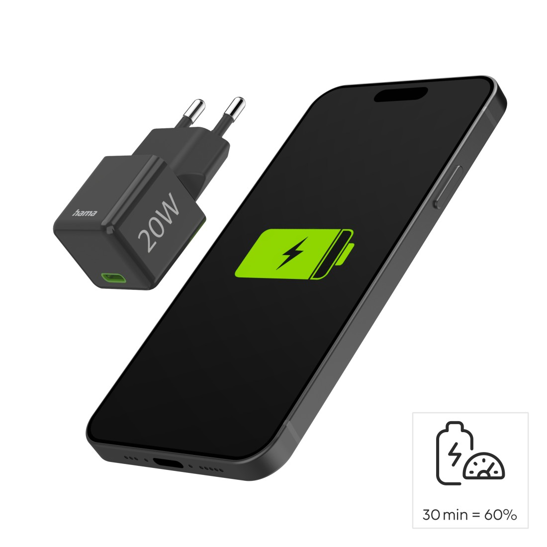 Ein schwarzes Telefon, das mit einem 20W-Ladegerät geladen wird. Das Akkusymbol zeigt das Laden an.