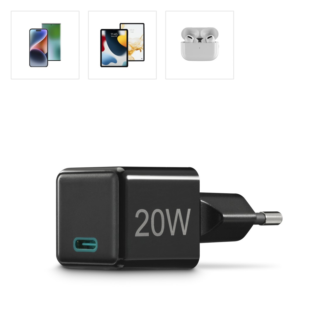 Ein schwarzes 20W-Ladegerät mit USB-C-Anschluss und Geräteabbildungen darüber.