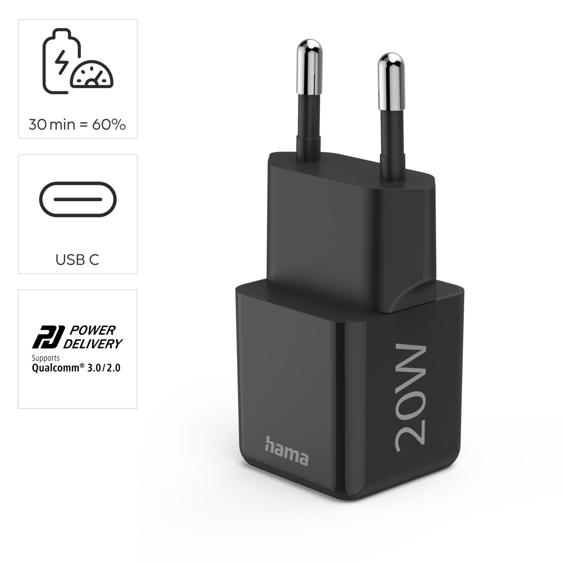 Schwarzes 20W Ladegerät mit USB-C-Anschluss und Details zur Stromversorgung. Hintergrund: weiß, mit Logos und Text.