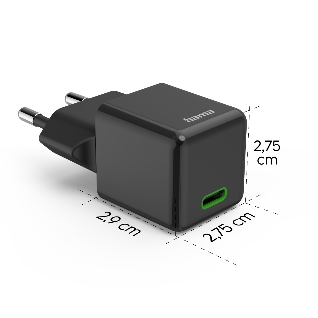 Schwarzes Hama USB-Ladegerät, Abmessungen sind angegeben, mit grünem Anschluss.
