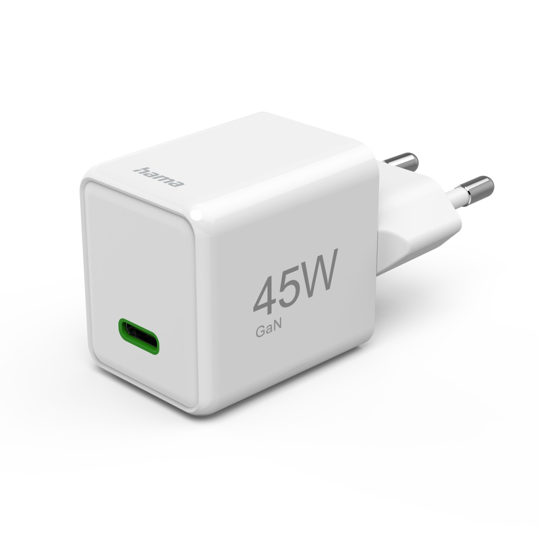 Weißes 45W-Ladegerät mit USB-C-Anschluss. 'GaN'-Text sichtbar. Hama-Logo an der Seite.