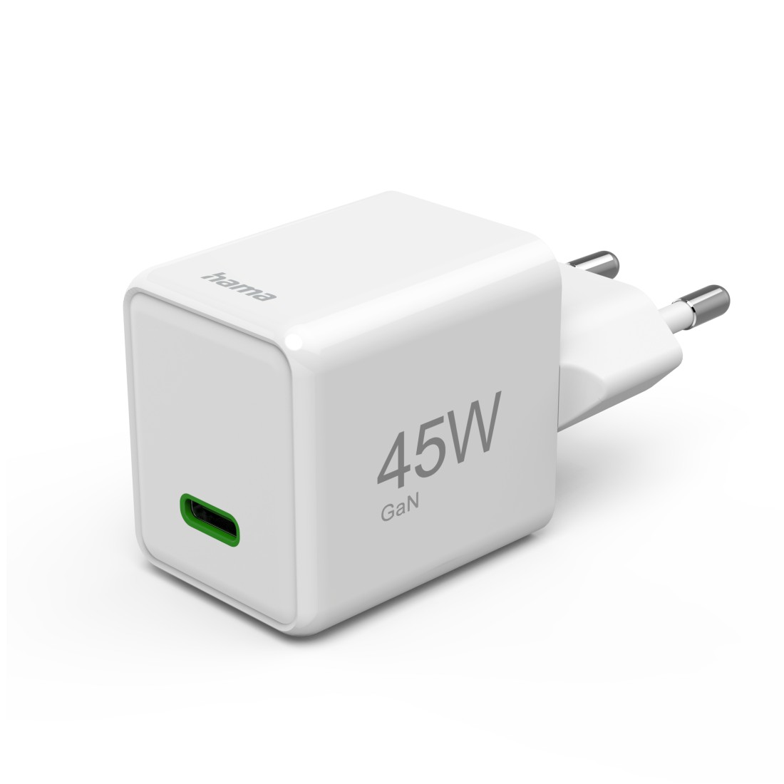 Weißes 45W GaN-Ladegerät mit USB-C-Anschluss. Das Ladegerät ist an einer Steckdose angeschlossen.