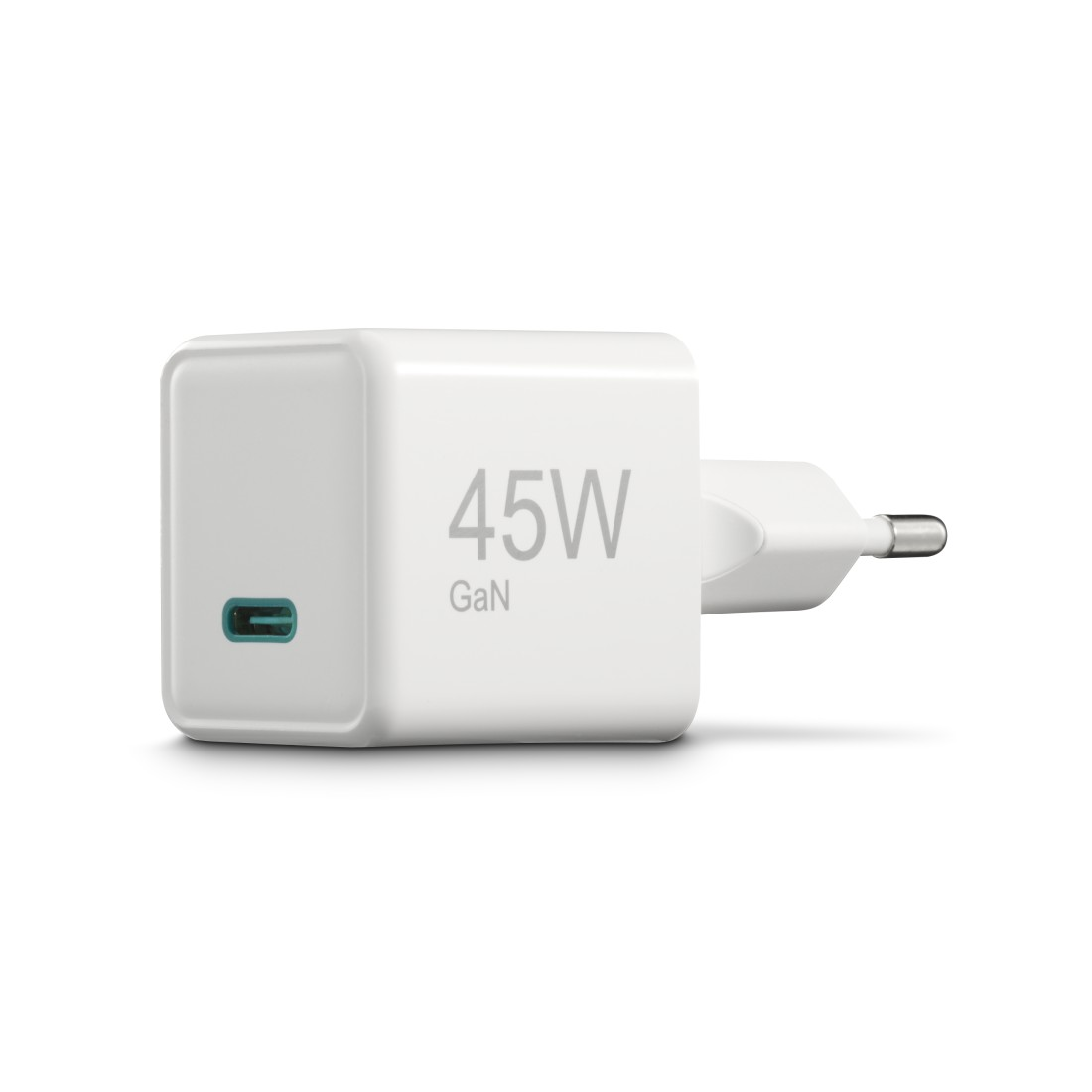 Weißes 45W GaN Ladegerät mit USB-C-Anschluss und Stecker.