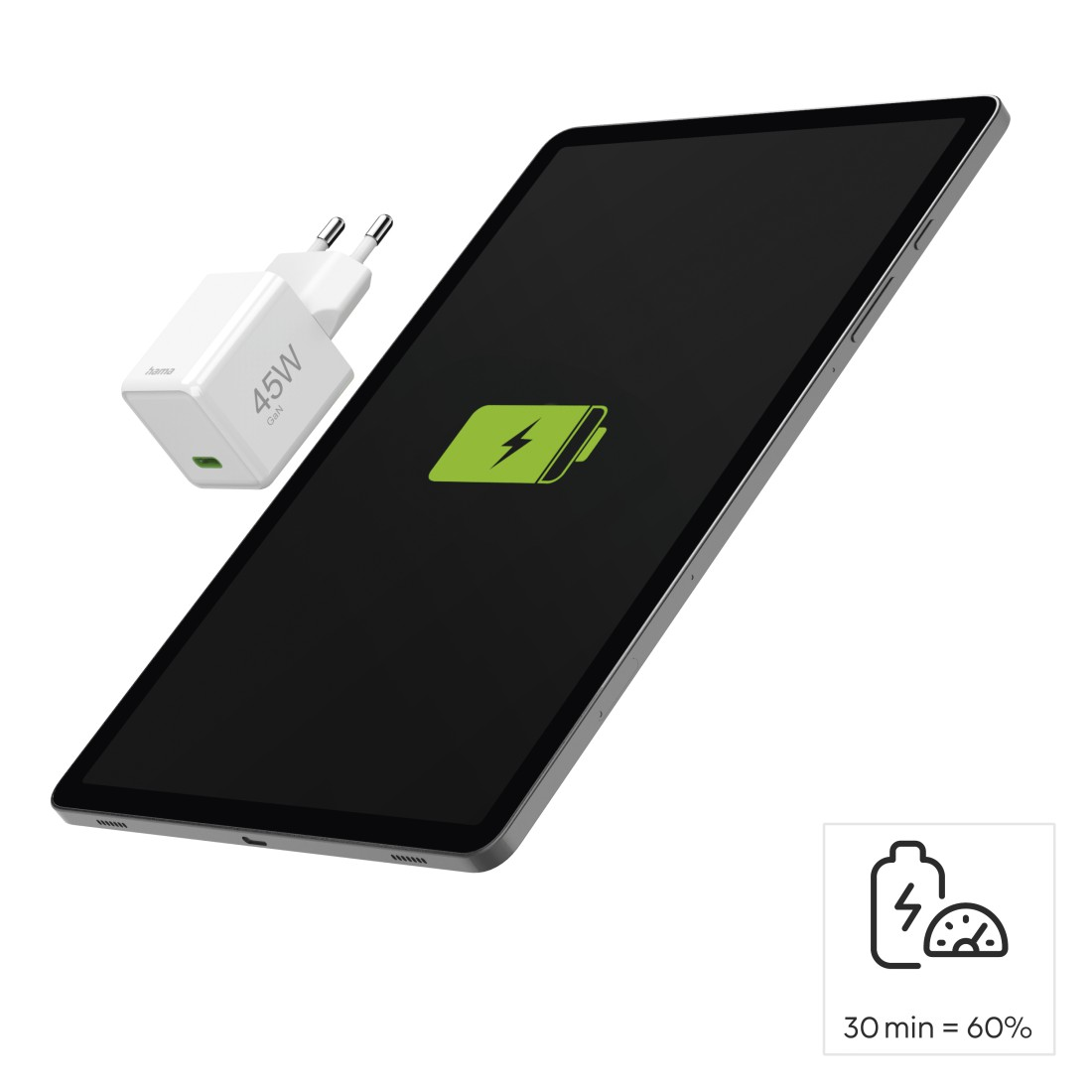Ein Tablet, das mit einem 45W-Ladegerät geladen wird. Der Bildschirm zeigt ein Ladesymbol und den Akkustand.