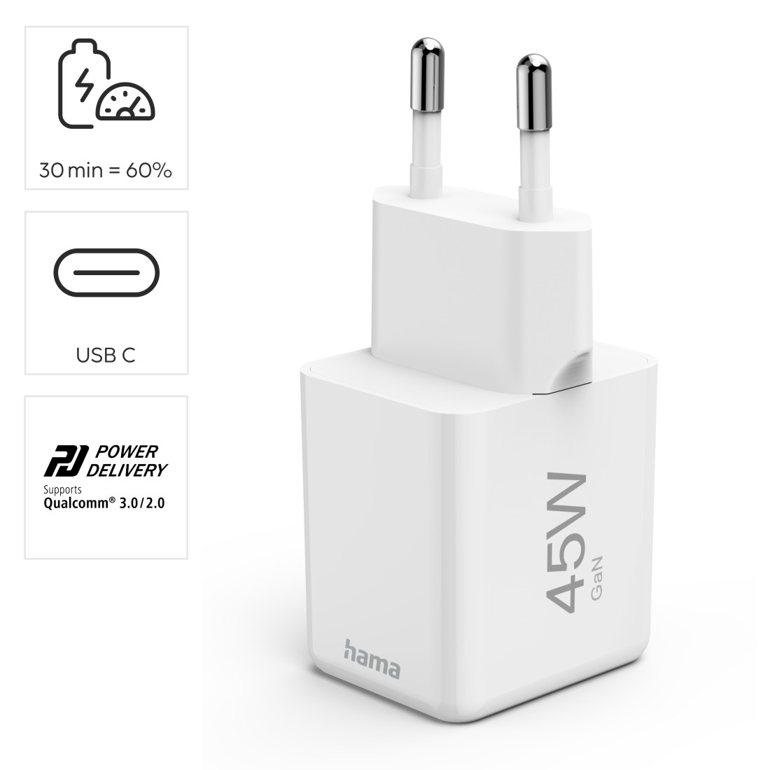 Ein weißes Ladegerät mit zwei Stiften und Text, der 45W GaN sagt. USB-C- und Power Delivery-Symbole werden angezeigt.