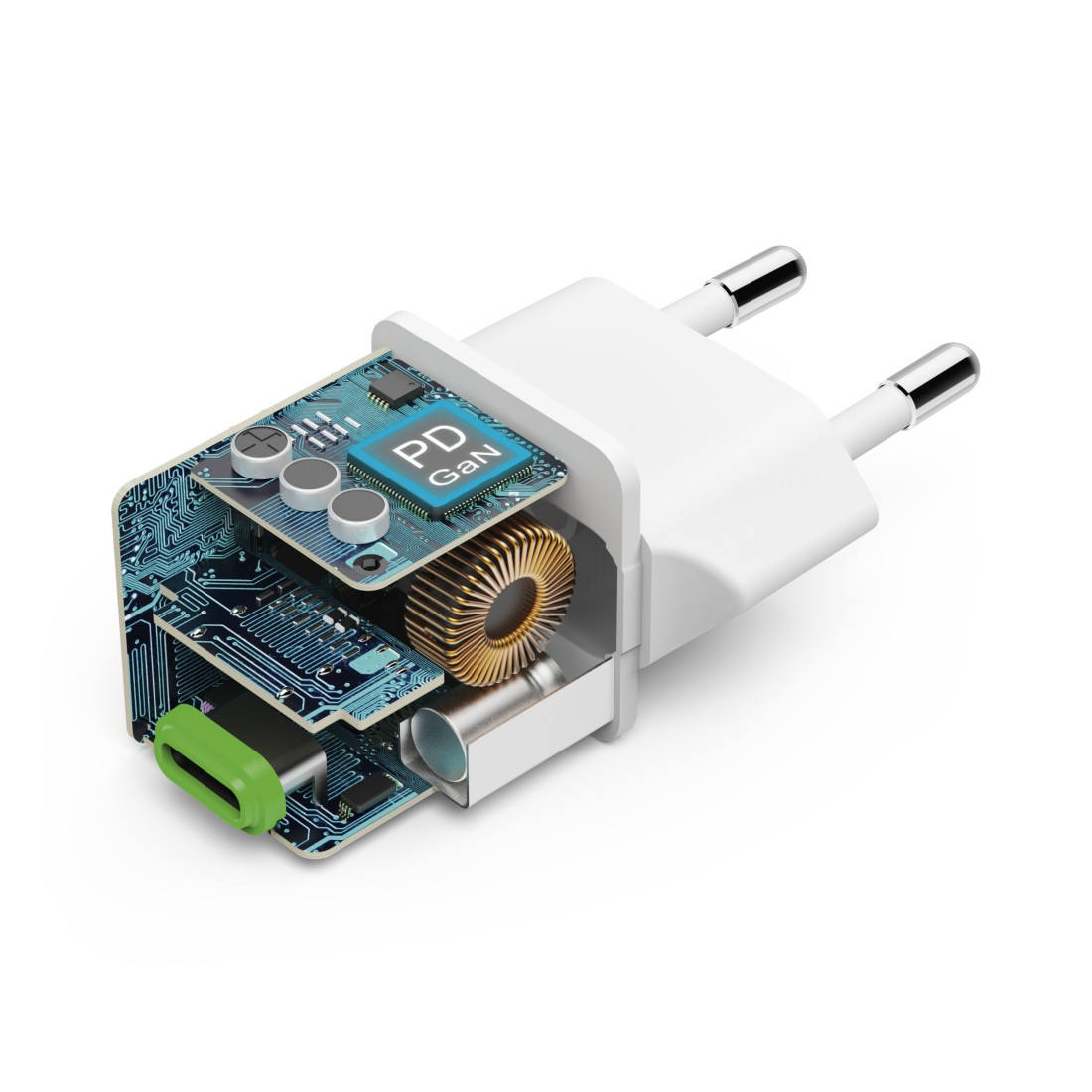 Ein weißes Ladegerät mit blauer Platine und grünem USB-C-Anschluss.