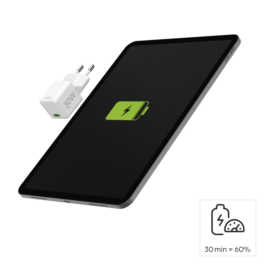 Tablet lädt, mit einem 30-W-Ladegerät. Grünes Akkusymbol auf dem Bildschirm. 30 Min. = 60 %.