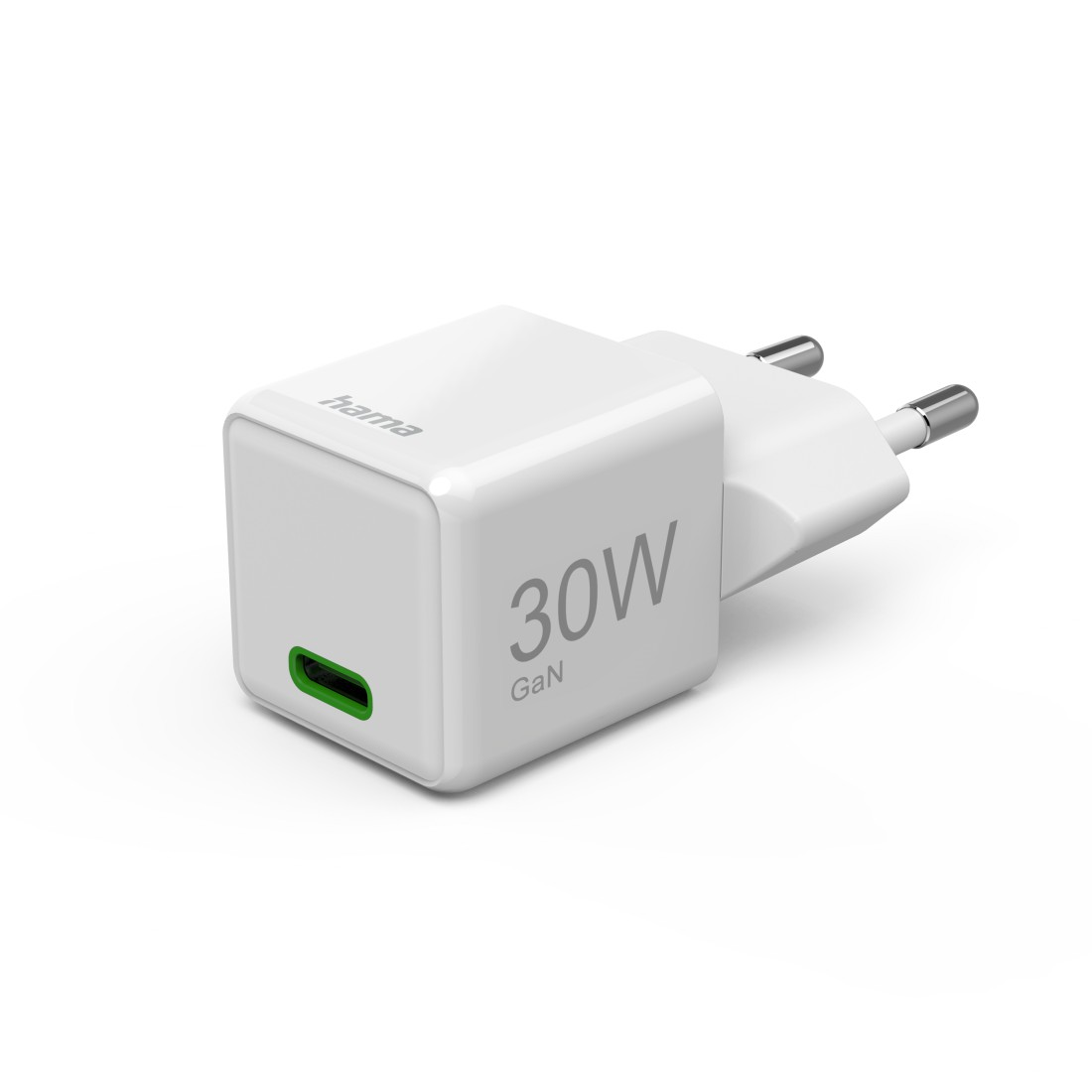 Weißes 30W GaN-Ladegerät mit grünem Licht neben dem USB-C-Anschluss.