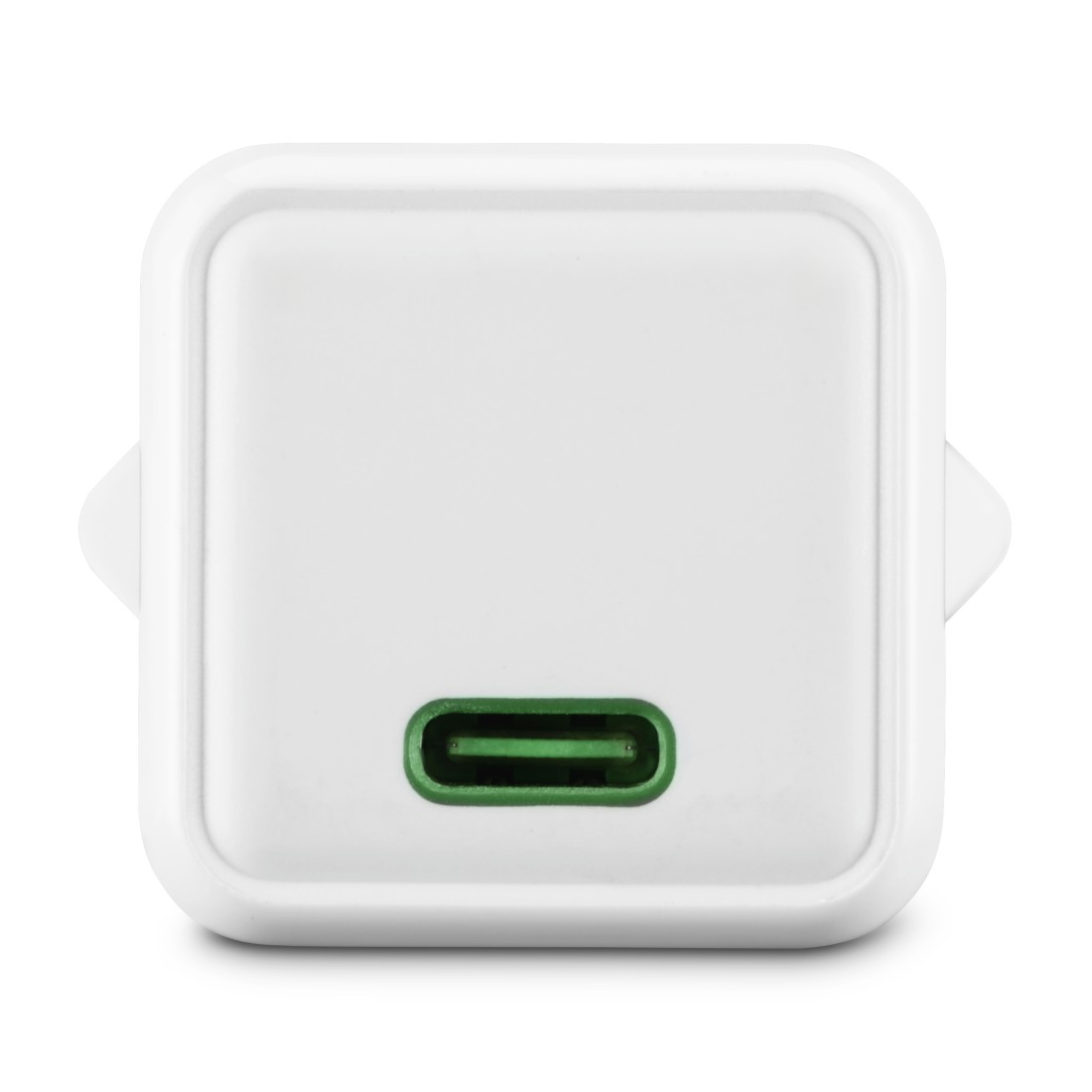 Weißes USB-C-Wandladegerät mit grünem Anschluss. Hintergrund: weiß, zeigt das Design des Ladegeräts.