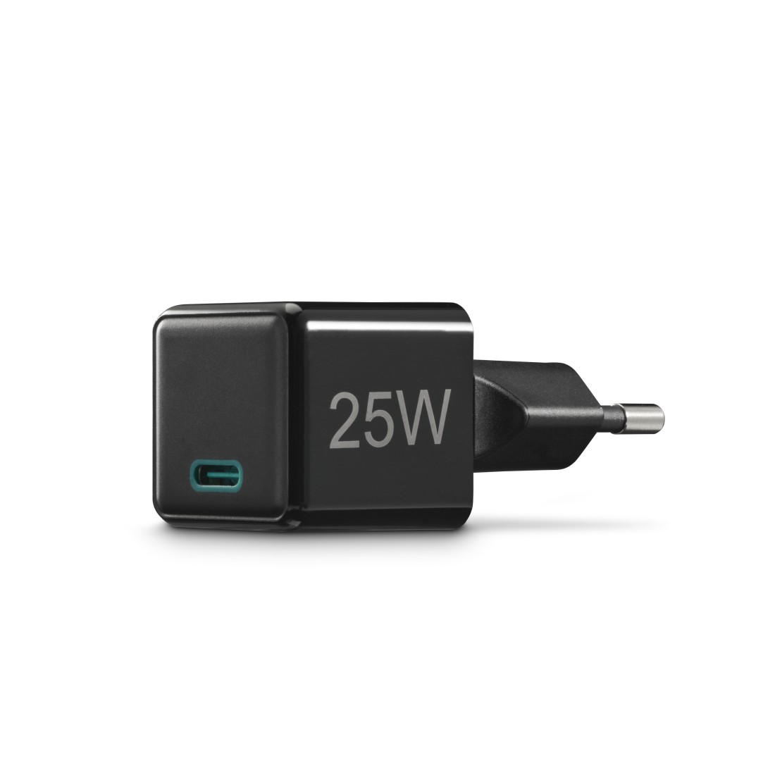 Ein schwarzes 25-W-Ladegerät mit USB-C-Anschluss. Es hat einen Stecker für europäische Steckdosen.