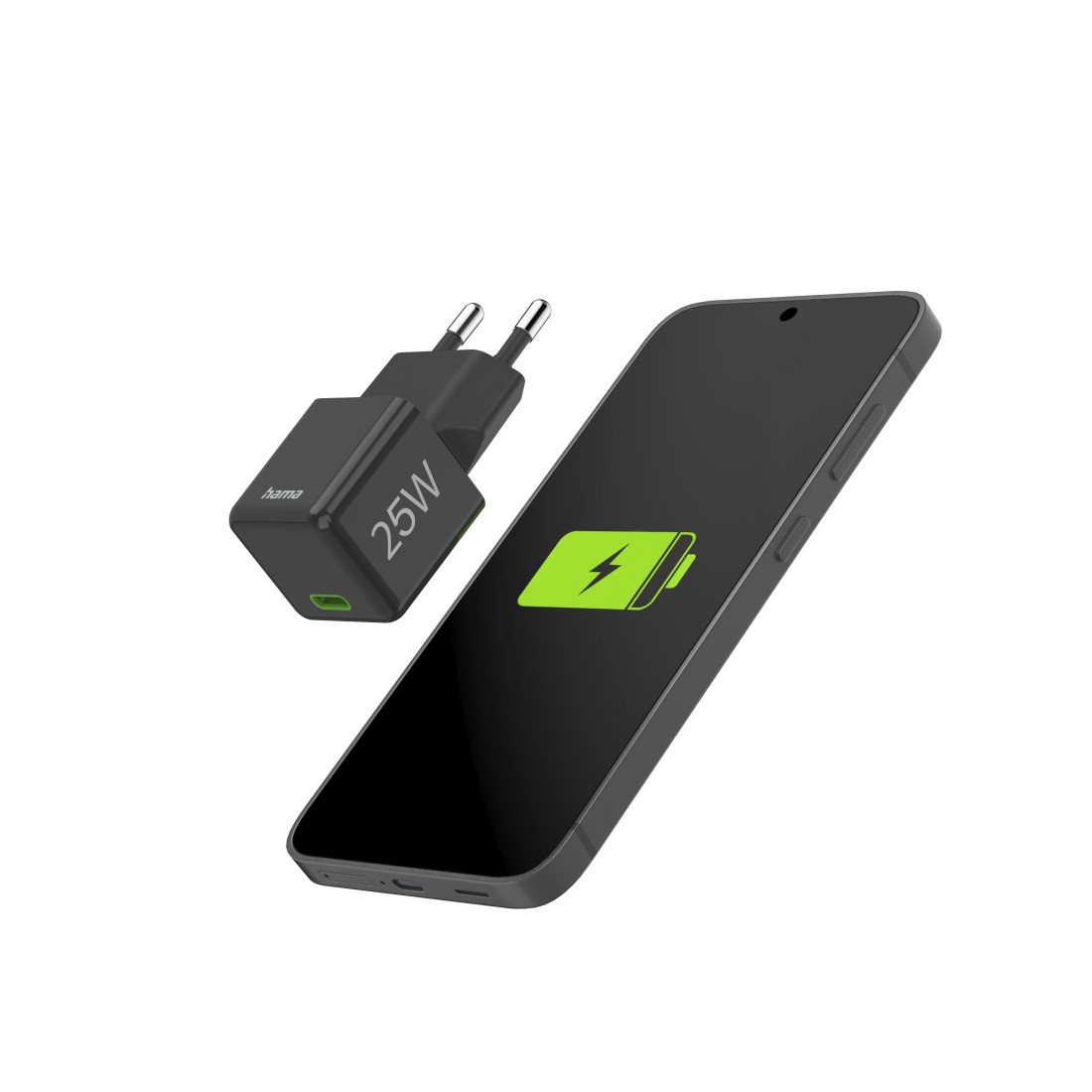 Schwarzes Ladegerät und Telefon, Ladegerät wird in die Wand gesteckt, Telefon zeigt einen Ladevorgang.