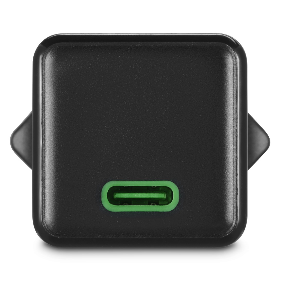 Ein schwarzes Ladegerät mit grünem USB-C-Anschluss, Nahaufnahme.