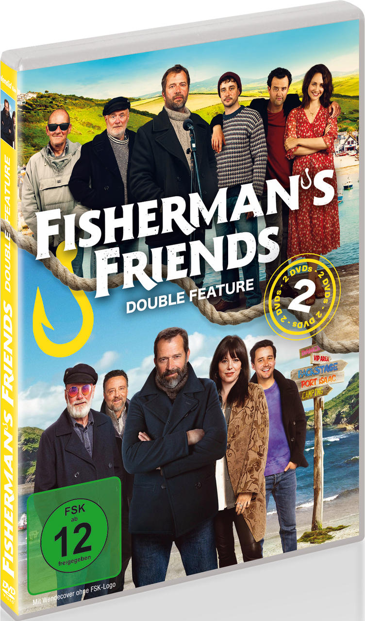 DVD-Hülle für den Film 'Fisherman's Friends', mit der Besetzung vor Küstenkulisse.