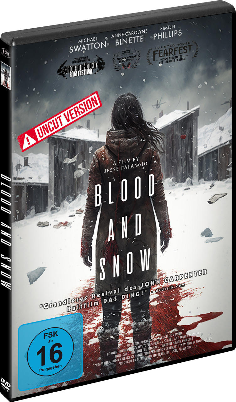 DVD-Hülle mit Frau im Schnee und Text 'Blood and Snow'. Das Cover ist dunkel mit rotem Akzent.