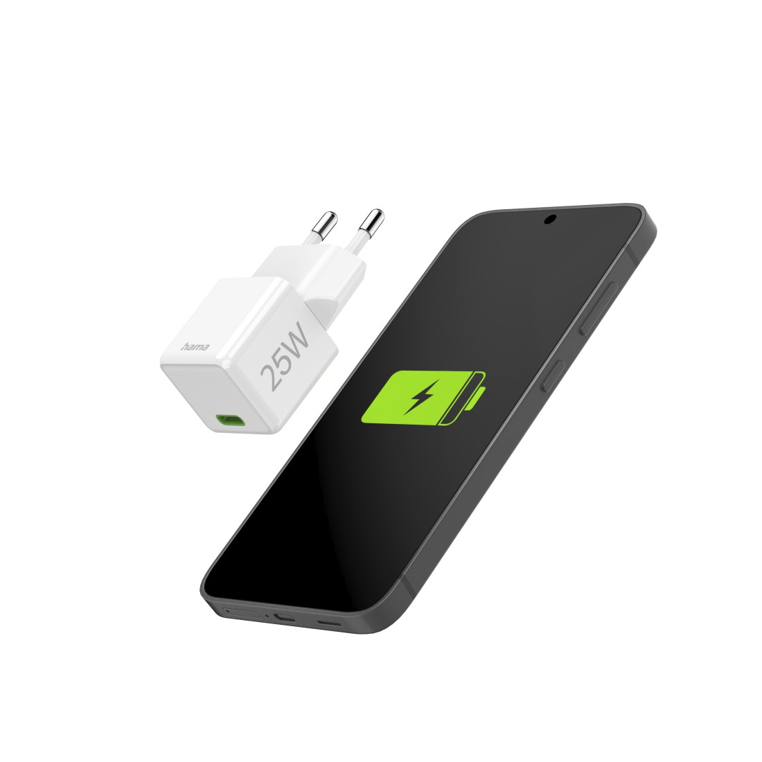 Weißes Ladegerät mit einem Telefon, das ein Ladesymbol anzeigt.