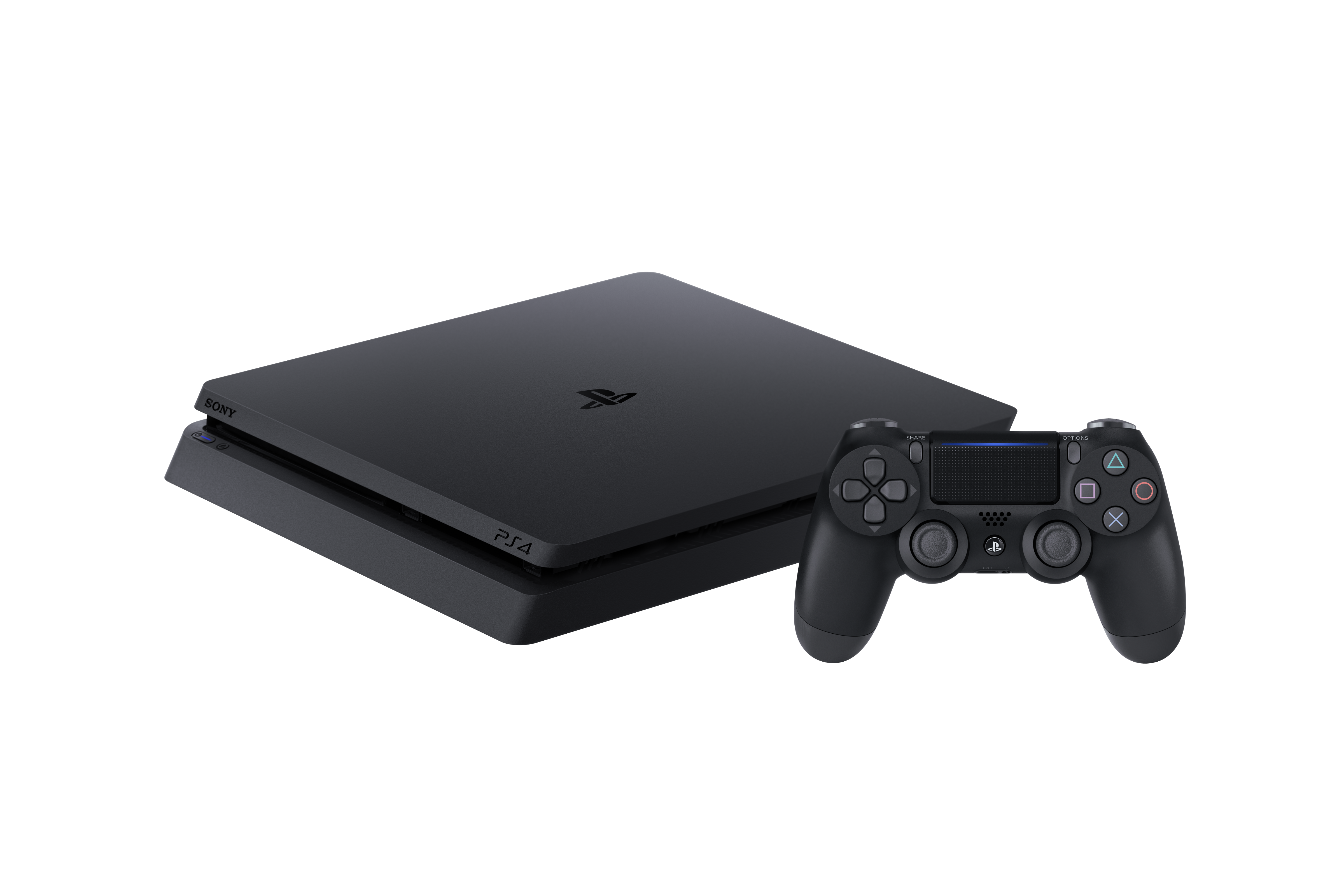 Siyah Playstation 4 konsolu ve kontrolcüsü siyah bir arka planda.