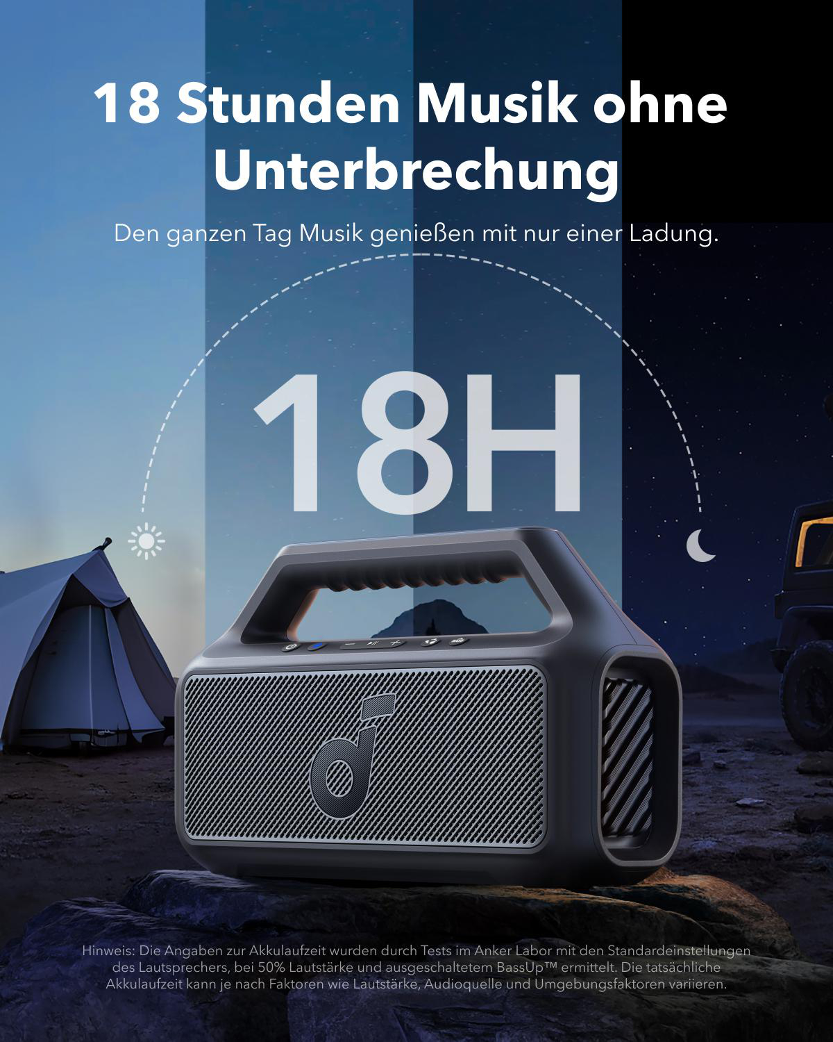 Schwarzer Lautsprecher mit weißem Gitter. Text sagt '18 Stunden Musik'. Zelt und Auto im Hintergrund.