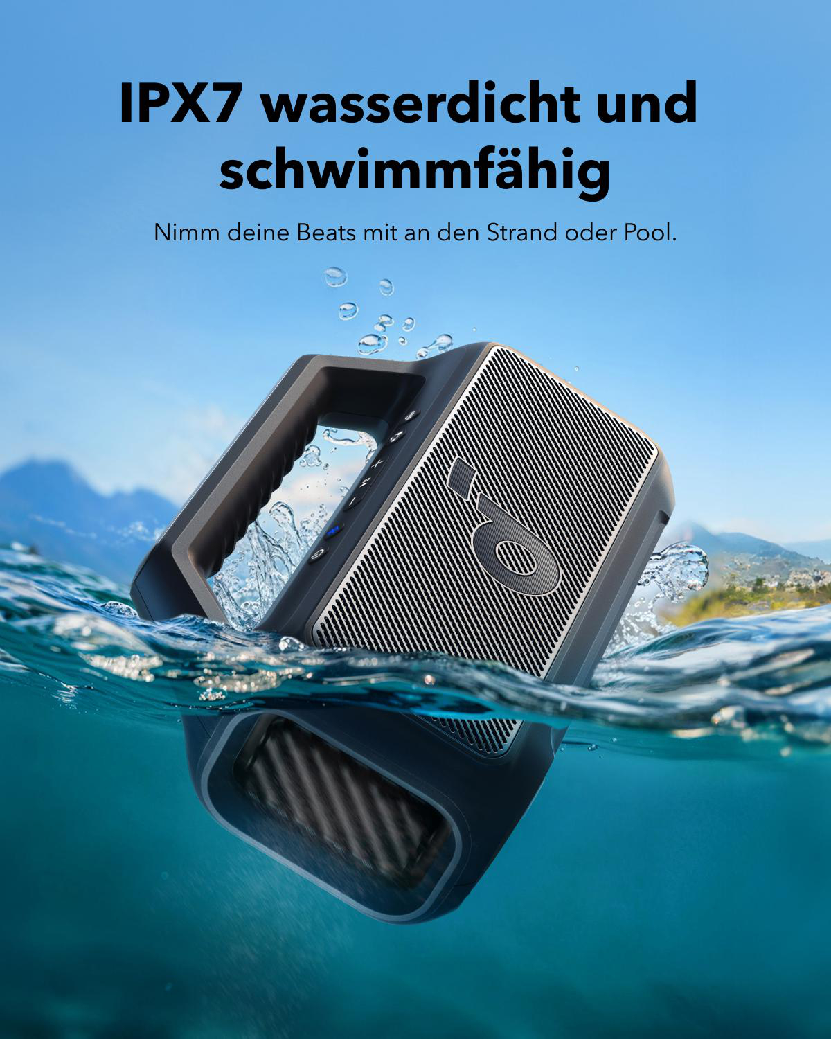 Ein schwarzer und silberner Lautsprecher ist im Wasser versenkt, mit Text über Wasserdichtigkeit.
