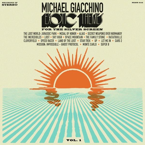 Albumcover für Michael Giacchinos Album Exotic Themes. Orangefarbene Sonne und Wasserszene.