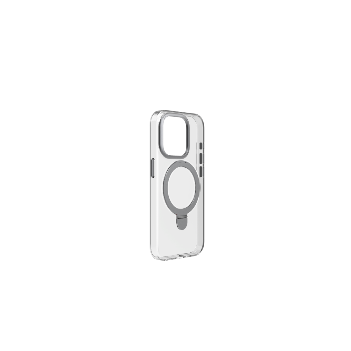 Siyah arka planda gri MagSafe halkalı şeffaf bir telefon kılıfı.