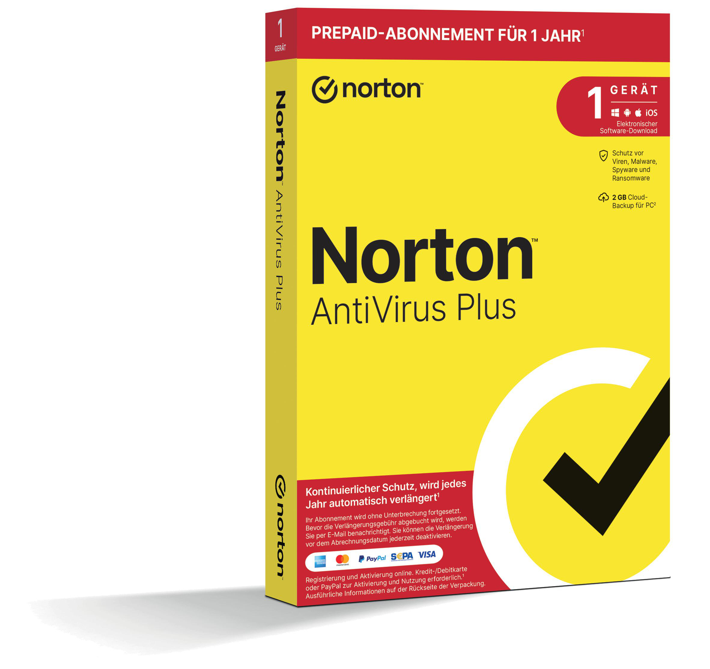 Gelbe Norton AntiVirus Plus Box. Text und Logo auf weißem Hintergrund.