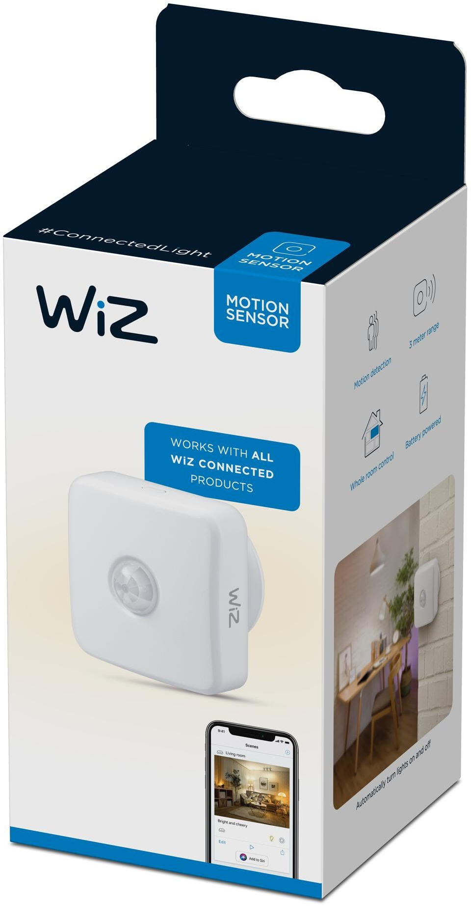 Boîte de détecteur de mouvement Wiz blanche avec détails du produit.