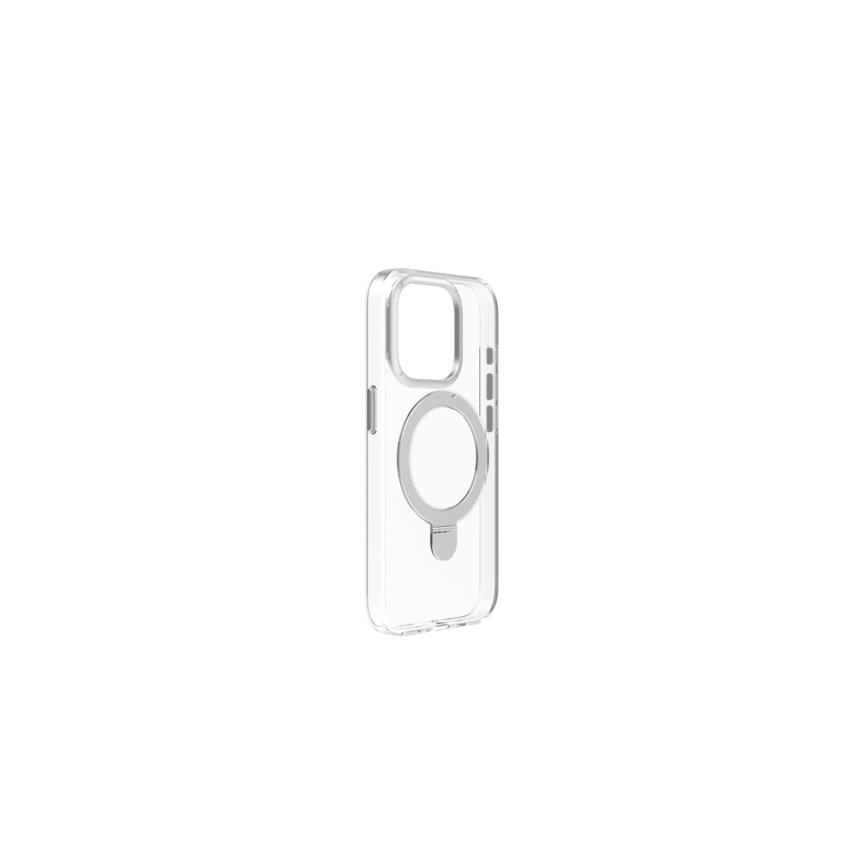 Siyah arka plan üzerinde dairesel bir MagSafe halkası olan şeffaf telefon kılıfı.