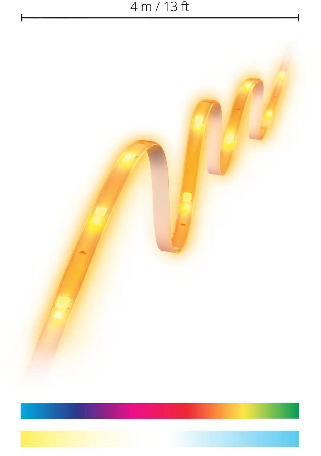 Ein wellenförmiger orangefarbener LED-Lichtstreifen mit Farbspektrum am Boden, vor weißem Hintergrund.