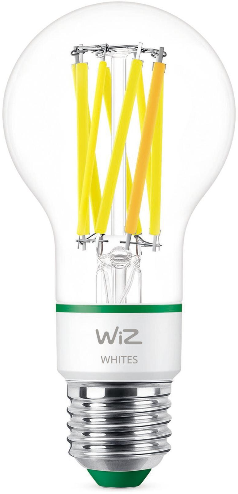 Une ampoule Wiz avec des filaments jaunes et oranges et une base verte. L'ampoule est transparente.