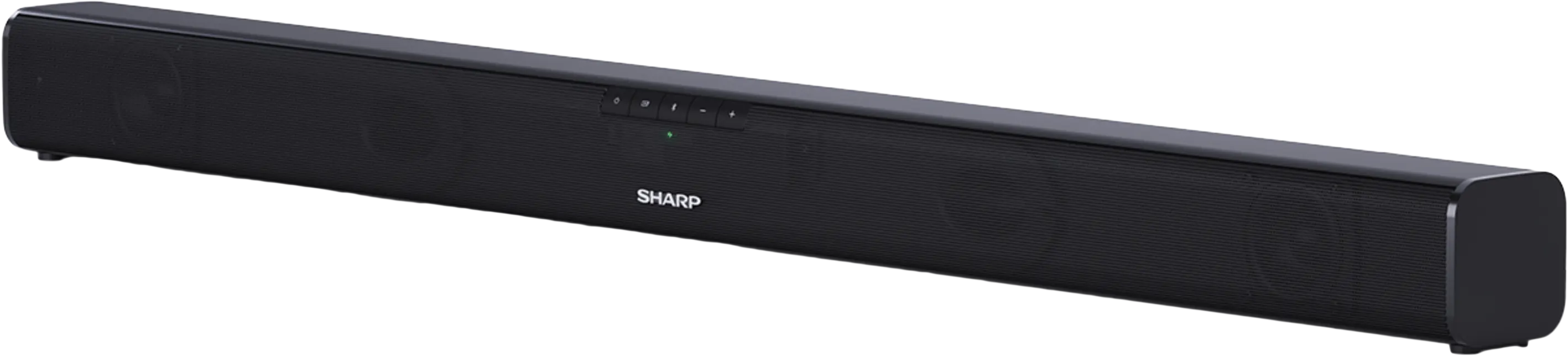 Egy fekete soundbar Sharp márkajelzéssel és néhány gombbal.