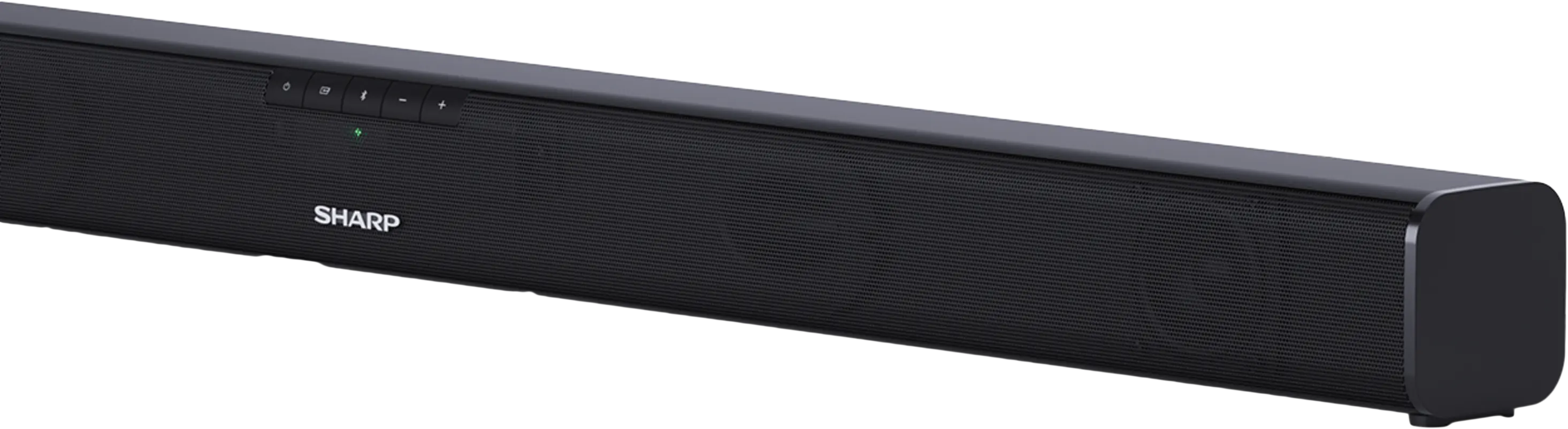 Egy fekete soundbar a tetején lévő vezérlőkkel és a Sharp logóval.