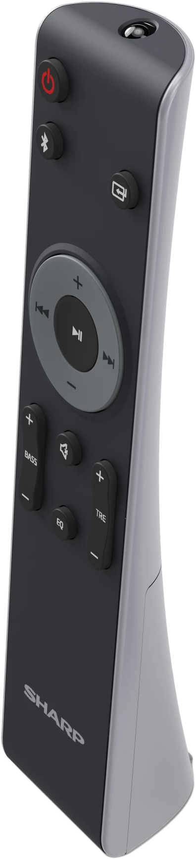 Egy fekete Sharp távirányító különböző gombokkal. A távirányító bekapcsolási, bluetooth és hangerő szabályzókkal rendelkezik.