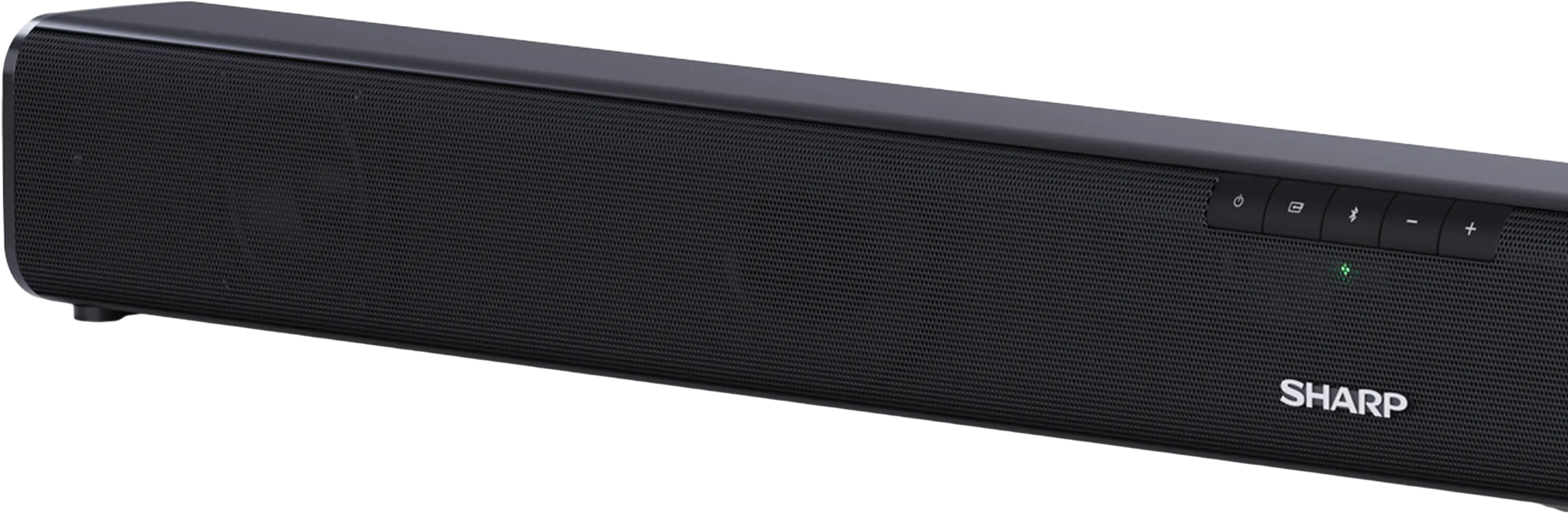Fekete soundbar gombokkal és a SHARP logóval, sötét háttérrel.
