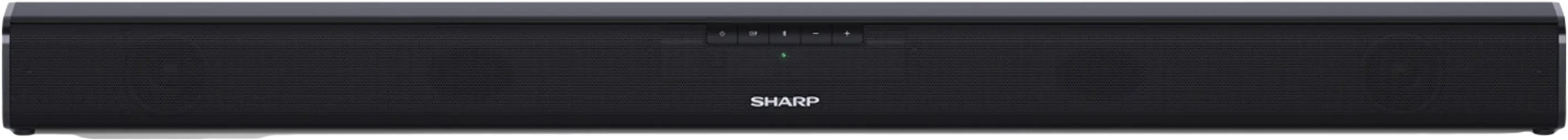 Egy fekete soundbar a SHARP logóval.