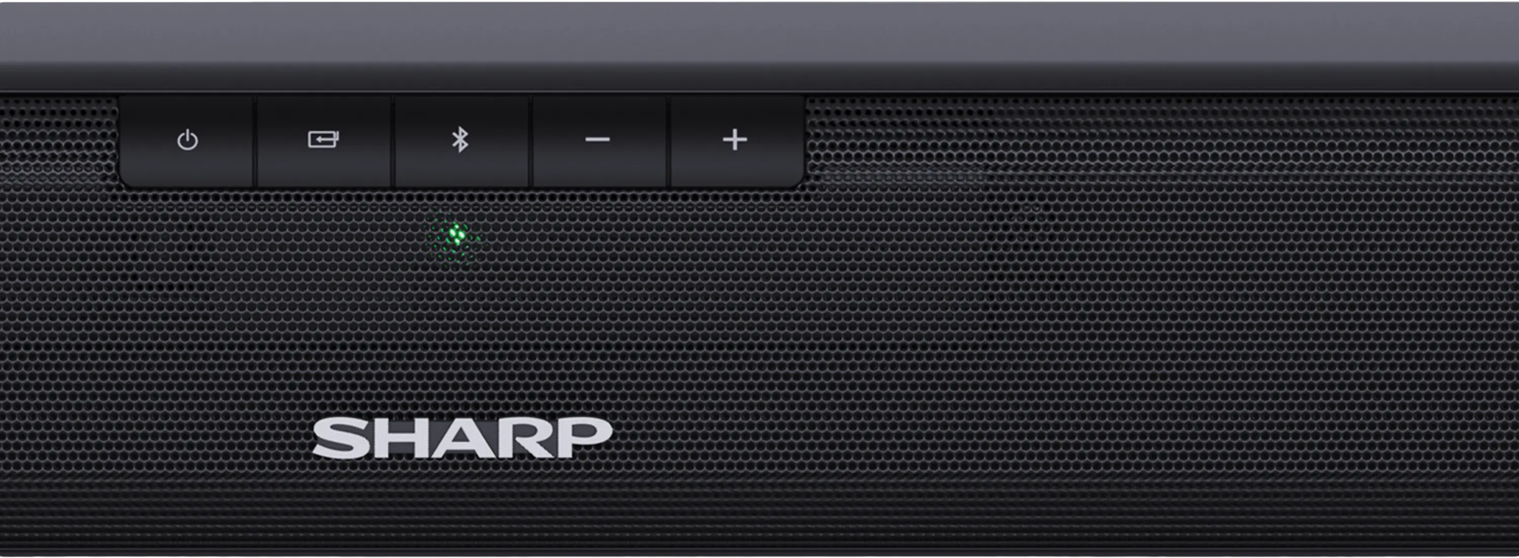 Fekete soundbar gombokkal és SHARP logóval. Közeli kép. Fekete háttér.