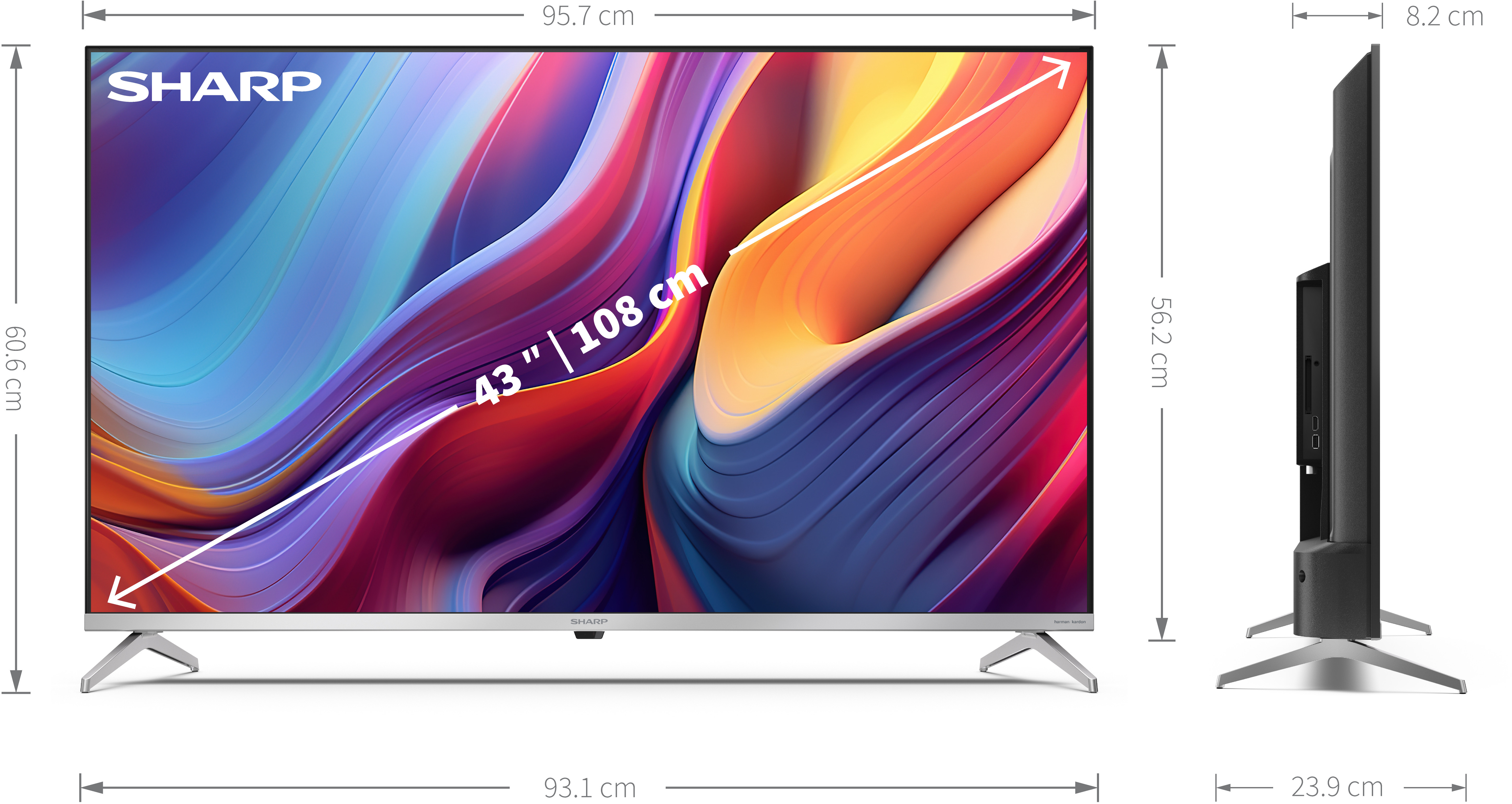 Sharp TV méretekkel, oldalnézet.