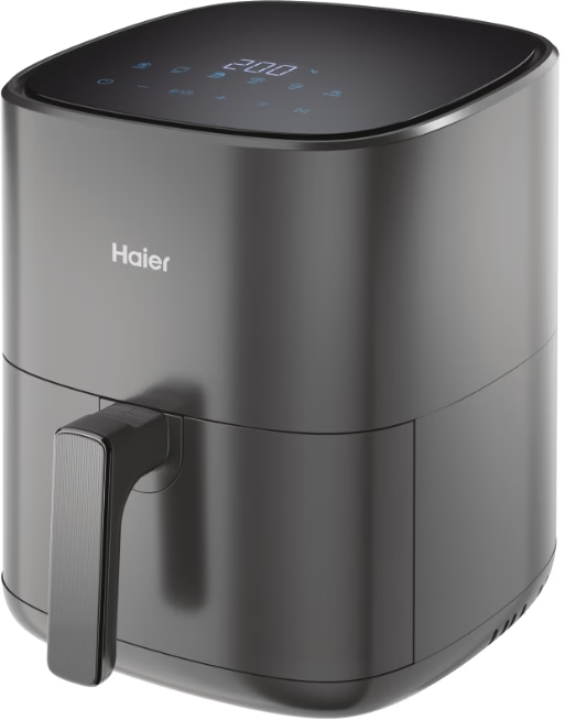 Friteuse à air Haier noire avec poignée et affichage numérique.
