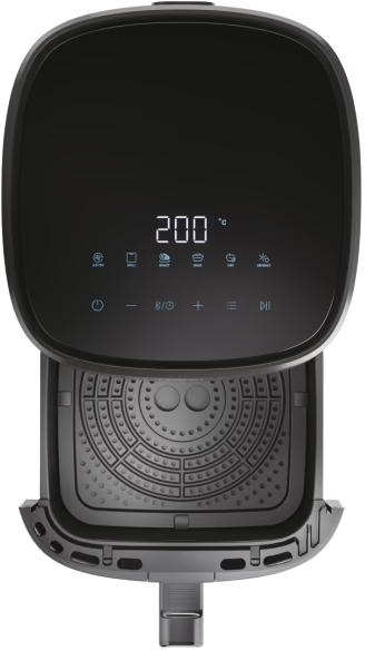 Une friteuse à air noire avec un affichage numérique réglé sur 200 degrés Celsius.